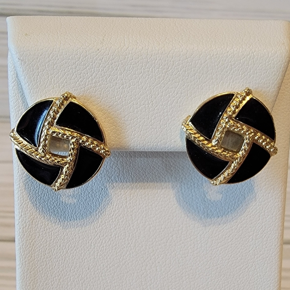 Vintage Black Gold Tone Geometric Knot Statement Pierced Earrings